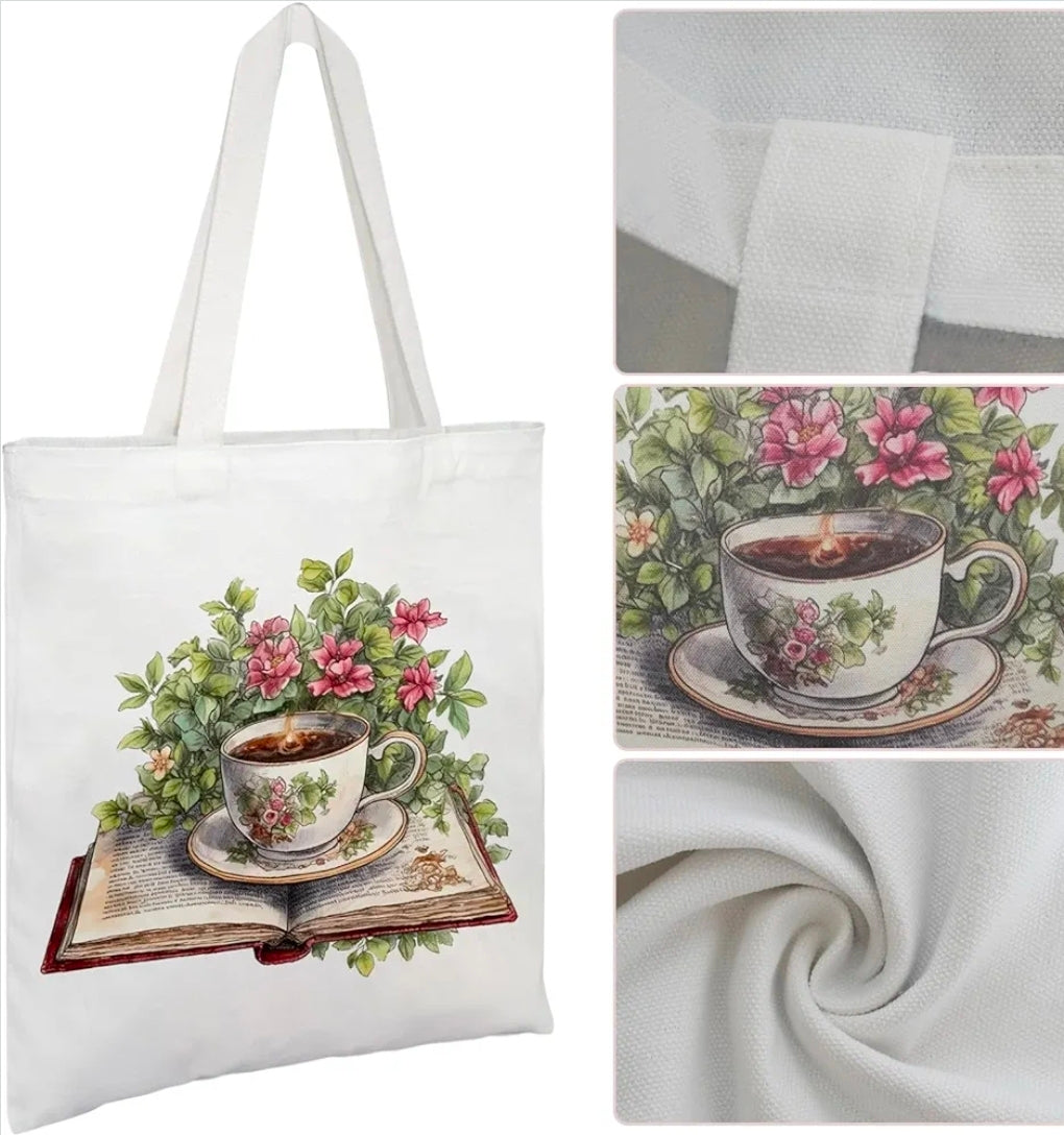 Vintage Book Canvas Tote Bags-Teacup