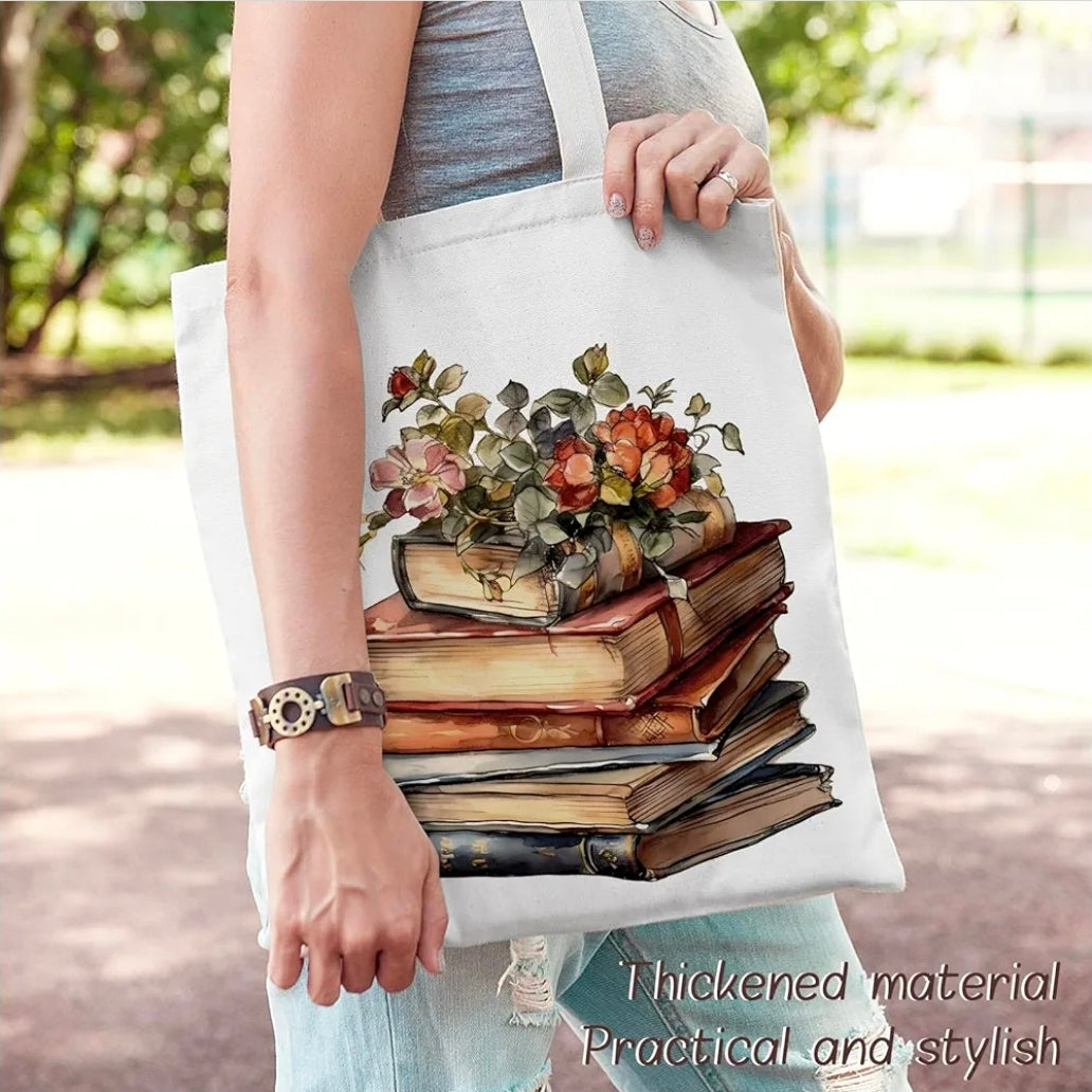 Vintage Book Canvas Tote Bags-Stack of books fresh floral